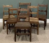 HARLEQUIN SET OF SIX ANTIQUE OAK FARMHOUSE CHAIRS (5+1), three plus the carver with closed central