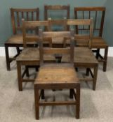 HARLEQUIN GROUP OF SIX ANTIQUE OAK FARMHOUSE CHAIRS, spindle and rail-backs, solid seats, square