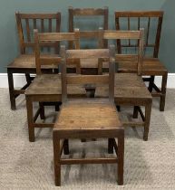 HARLEQUIN GROUP OF SIX ANTIQUE OAK FARMHOUSE CHAIRS, spindle and rail-backs, solid seats, square