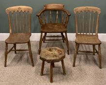 THREE COUNTRY CHAIRS & A STOOL comprising elm stool, vintage smoker's bow armchair having shaped