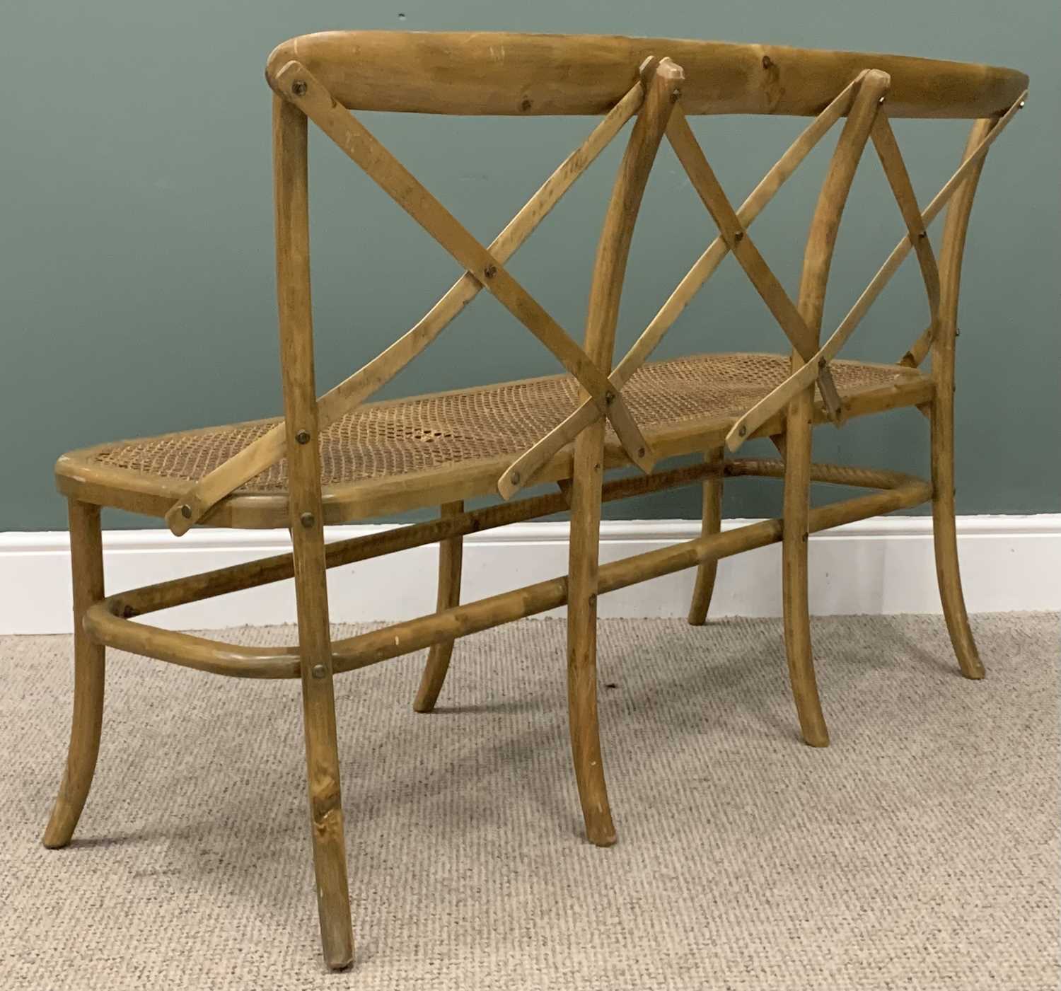 REPRODUCTION BENTWOOD SETTEE & FOUR VINTAGE OAK SIDE CHAIRS, X frame back, rounded end, canework - Image 9 of 9
