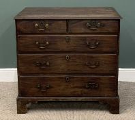 GEORGE III MAHOGANY CHEST of two short, three long oak lined drawers, oval backplates, swan neck