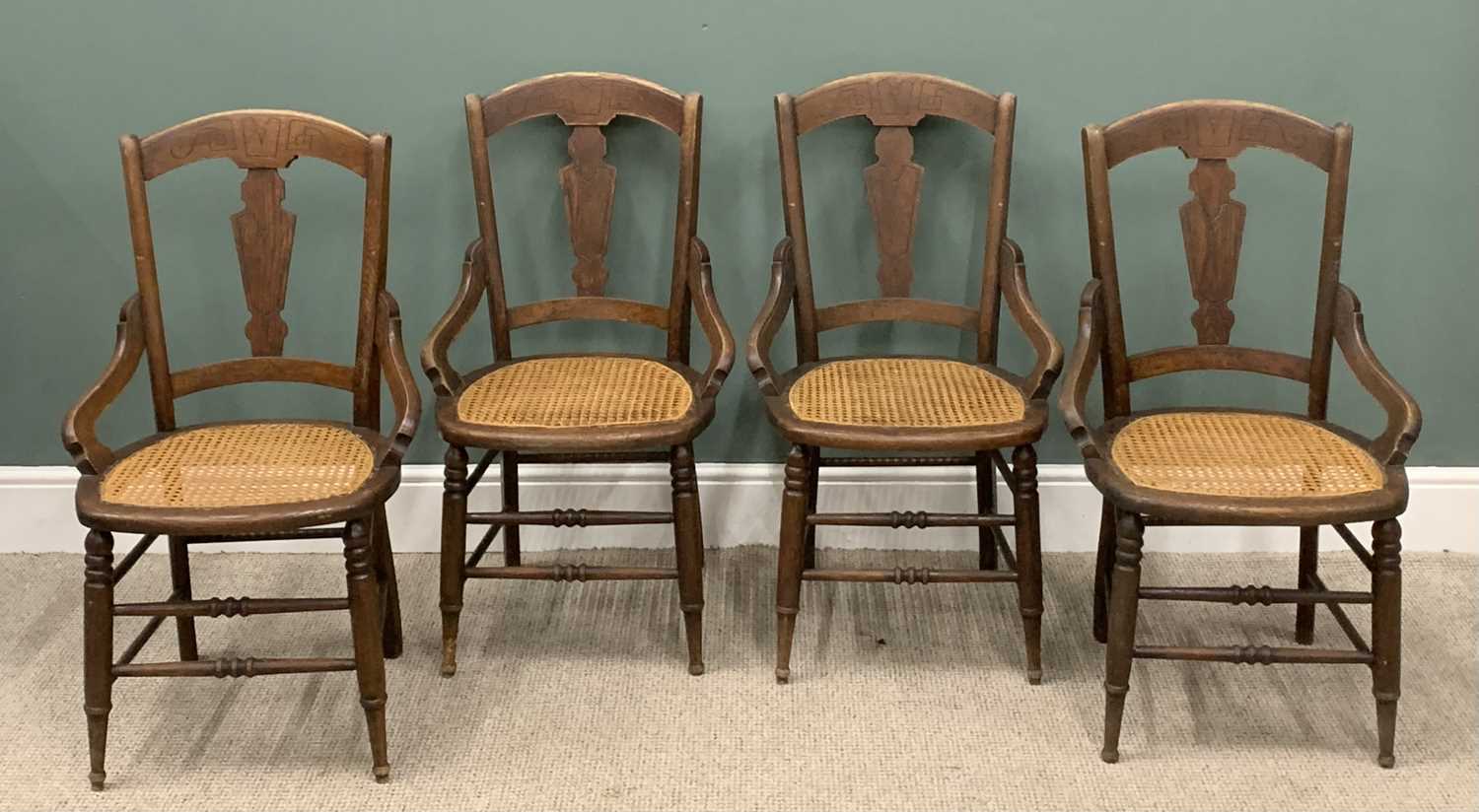 REPRODUCTION BENTWOOD SETTEE & FOUR VINTAGE OAK SIDE CHAIRS, X frame back, rounded end, canework - Image 2 of 9