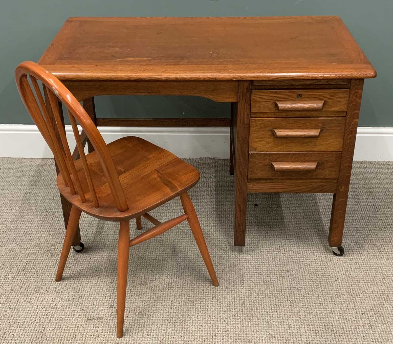 VINTAGE OAK DESK & CHAIR, upper slide, three opening drawers, open end square upright, modern