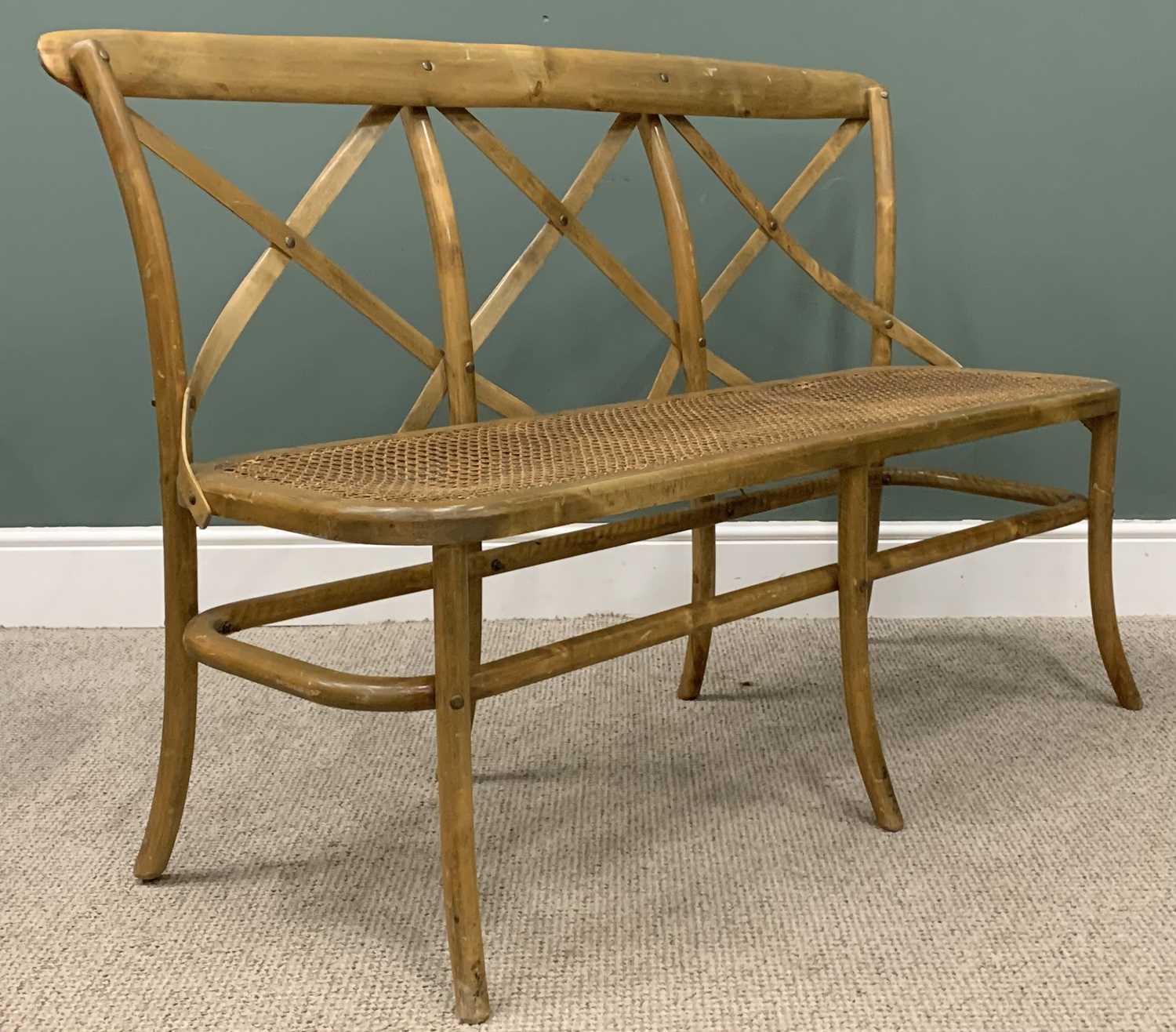 REPRODUCTION BENTWOOD SETTEE & FOUR VINTAGE OAK SIDE CHAIRS, X frame back, rounded end, canework - Image 7 of 9