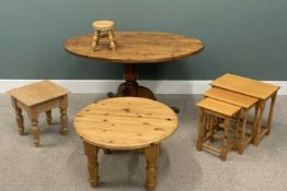 MODERN PINE FURNITURE, comprising oval top dining table, bulbous column, tripod base, 75.5 (h) x 143