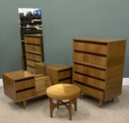 MEREDEW MID-CENTURY TYPE BEDROOM FURNITURE PARCEL, chest of five drawers, 112 (h) x 76 (w) x