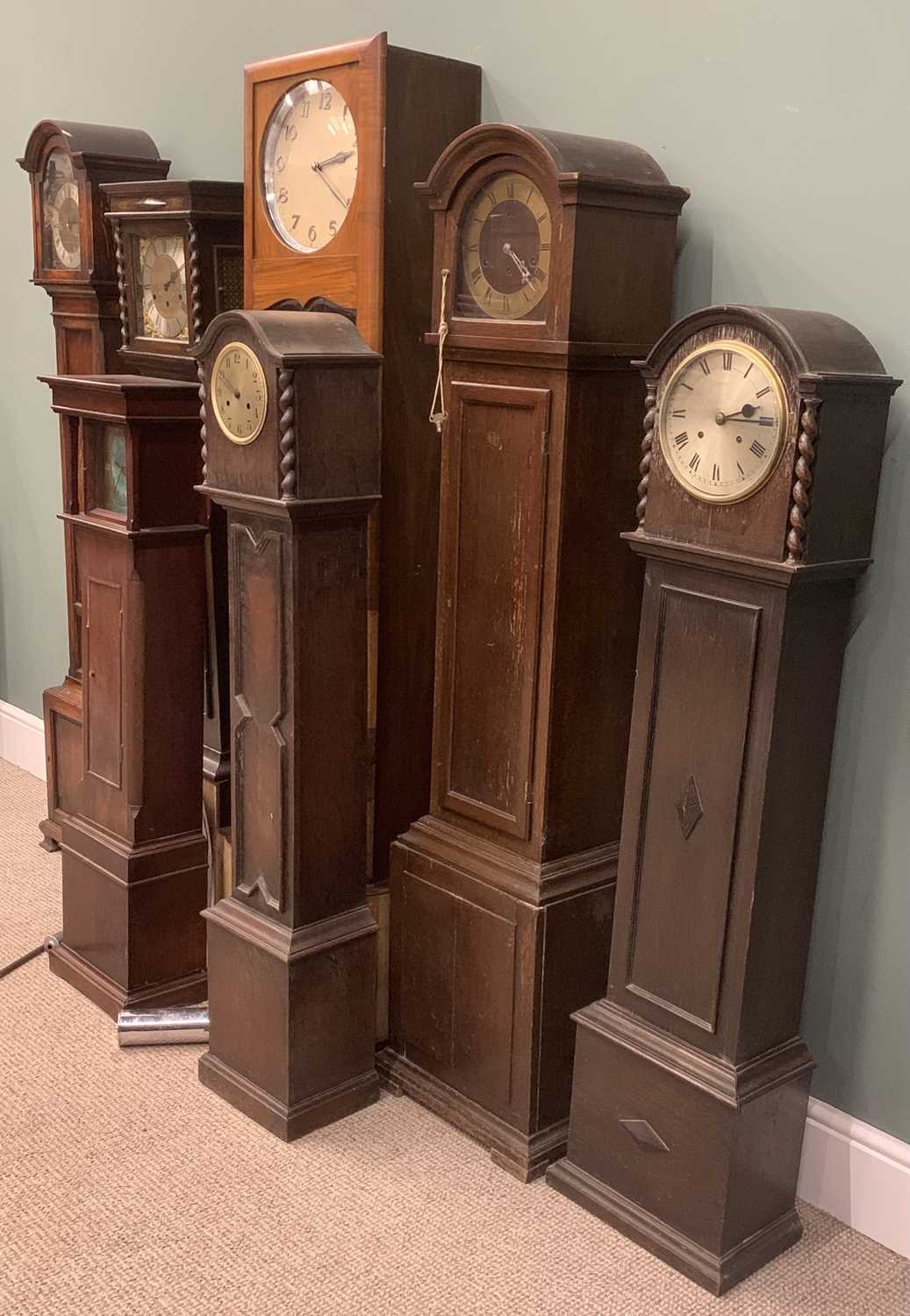 SEVEN VINTAGE GRANDMOTHER CLOCKS, various styles, dials and movements, requiring restoration, 180 ( - Image 10 of 10