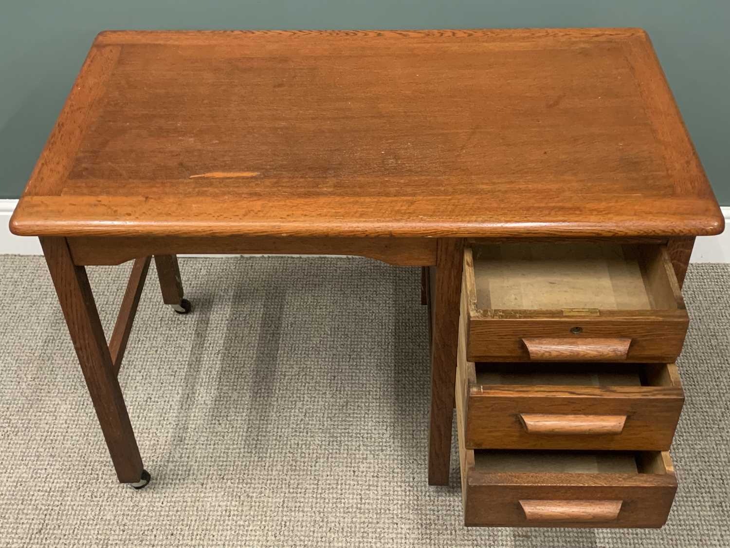 VINTAGE OAK DESK & CHAIR, upper slide, three opening drawers, open end square upright, modern - Image 3 of 6