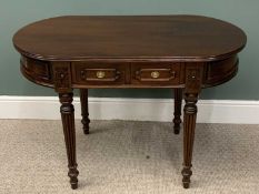 REPRODUCTION MAHOGANY OVAL DESK, twin frieze drawers, ring-pull handles, turned fluted tapering