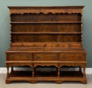 MODERN STAINED POTBOARD DRESSER, three shelf carved and boarded rack over six spice drawers, over