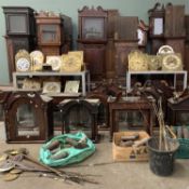 LARGE GROUP OF ANTIQUE CLOCKS / CLOCK PARTS workshop contents including 13 trunks, some with
