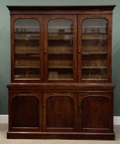 VICTORIAN MAHOGANY THREE DOOR BOOKCASE, lift off cornice, arched glazed upper doors, interior