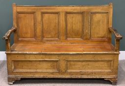 GOOD SCUMBLE PINE BOX-SEAT BENCH, circa 1830, four panel back, shaped arms, chamfered shaped block