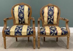 A PAIR OF FRENCH STYLE ELBOW CHAIRS neatly upholstered in blue and gold, 92 (h) x 54 (w) x 45cms (d)
