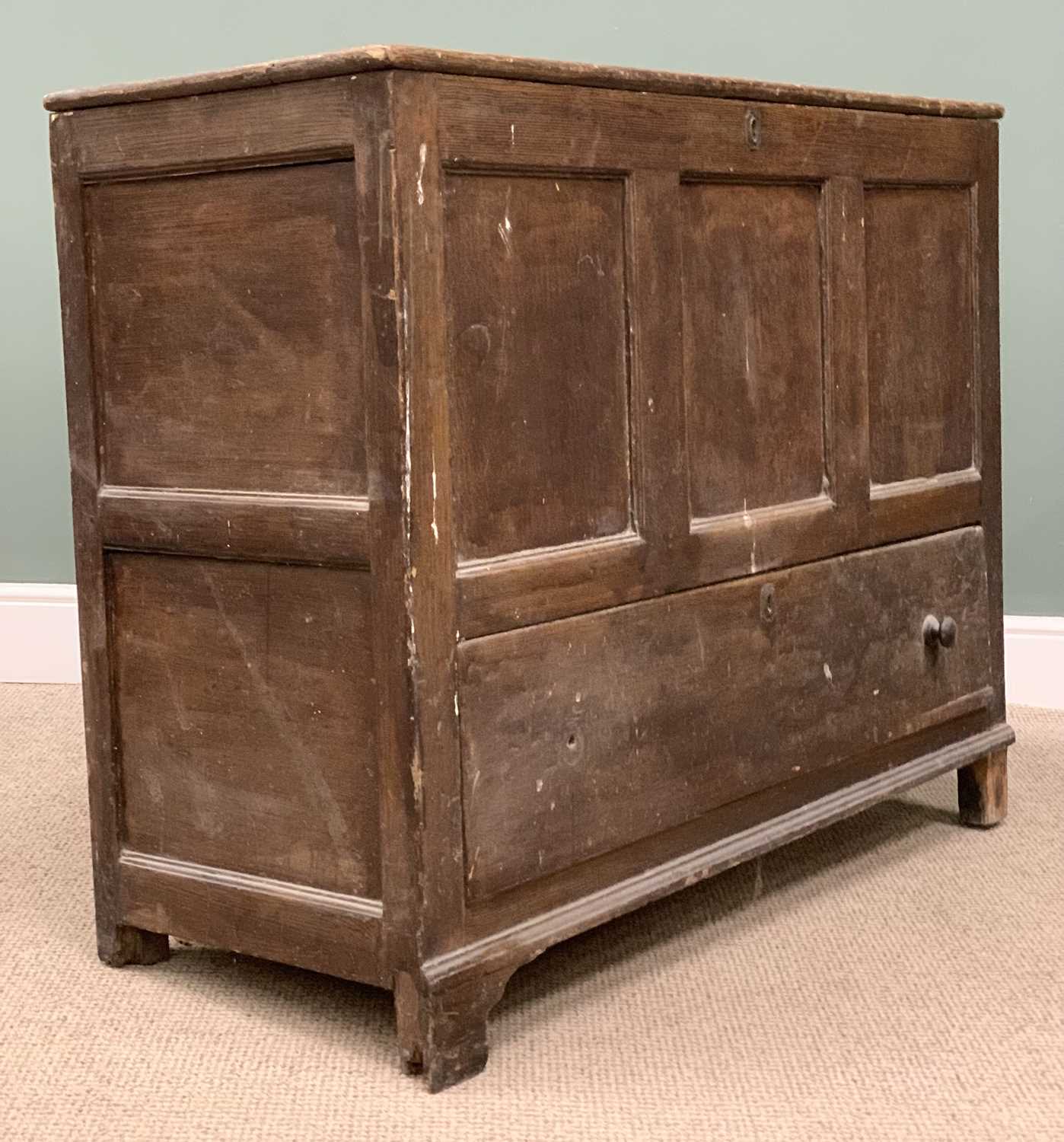 WELSH SCUMBLED PINE MULE CHEST. 19th Century, three recess panels above base drawer, 100 (h) x - Image 4 of 5