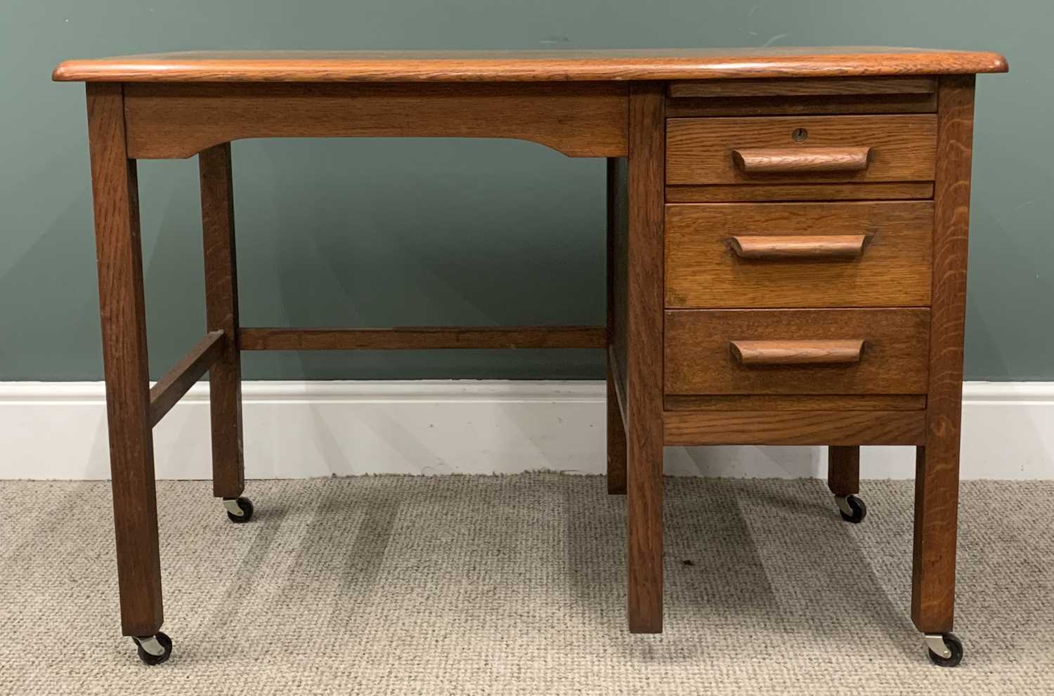 VINTAGE OAK DESK & CHAIR, upper slide, three opening drawers, open end square upright, modern - Image 2 of 6