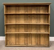 SUBSTANTIAL STRIPPED PINE WALL RACK, shapes sides, four shelves, boarded closed back, 153 (h) x