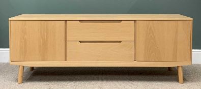 MODERN LIGHTWOOD LOW SIDEBOARD having two central drawers, two outer cupboard doors, rounded front