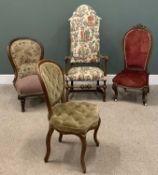 FOUR ANTIQUE VINTAGE CHAIRS including two spoon-back types, button seated and backed salon chair and