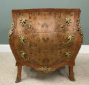 FRENCH LOUIS XV STYLE BOMBE COMMODE, cross banded figured walnut, cast gilt metal handles and
