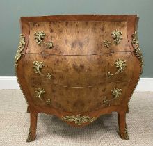 FRENCH LOUIS XV STYLE BOMBE COMMODE, cross banded figured walnut, cast gilt metal handles and