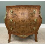 FRENCH LOUIS XV STYLE BOMBE COMMODE, cross banded figured walnut, cast gilt metal handles and