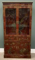 CHINESE RED LACQUERED DISPLAY CABINET, 20th century, gilded, painted bird and floral detail,