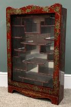CHINESE RED LACQUERED DISPLAY CABINET, wall hanging or free standing, painted bird and floral