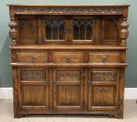 OLD CHARM OAK BUFFET SIDEBOARD, leaded glass, twin upper doors, arched detail panels, carved bulbous