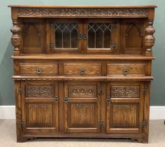 OLD CHARM OAK BUFFET SIDEBOARD, leaded glass, twin upper doors, arched detail panels, carved bulbous