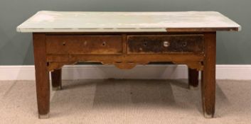 ANTIQUE PINE DAIRY TABLE covered three plank cleated end top, cut off corners, two deep frieze