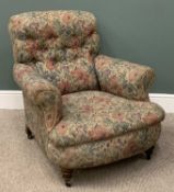 VINTAGE BUTTON BACK RE-UPHOLSTERED ARMCHAIR, fold-over arm detail, oversized seat, tapering turned