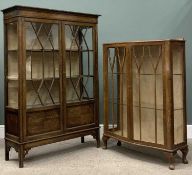 TWO VINTAGE CHINA DISPLAY CABINETS comprising example with oak two door, upper edge moulding, 14