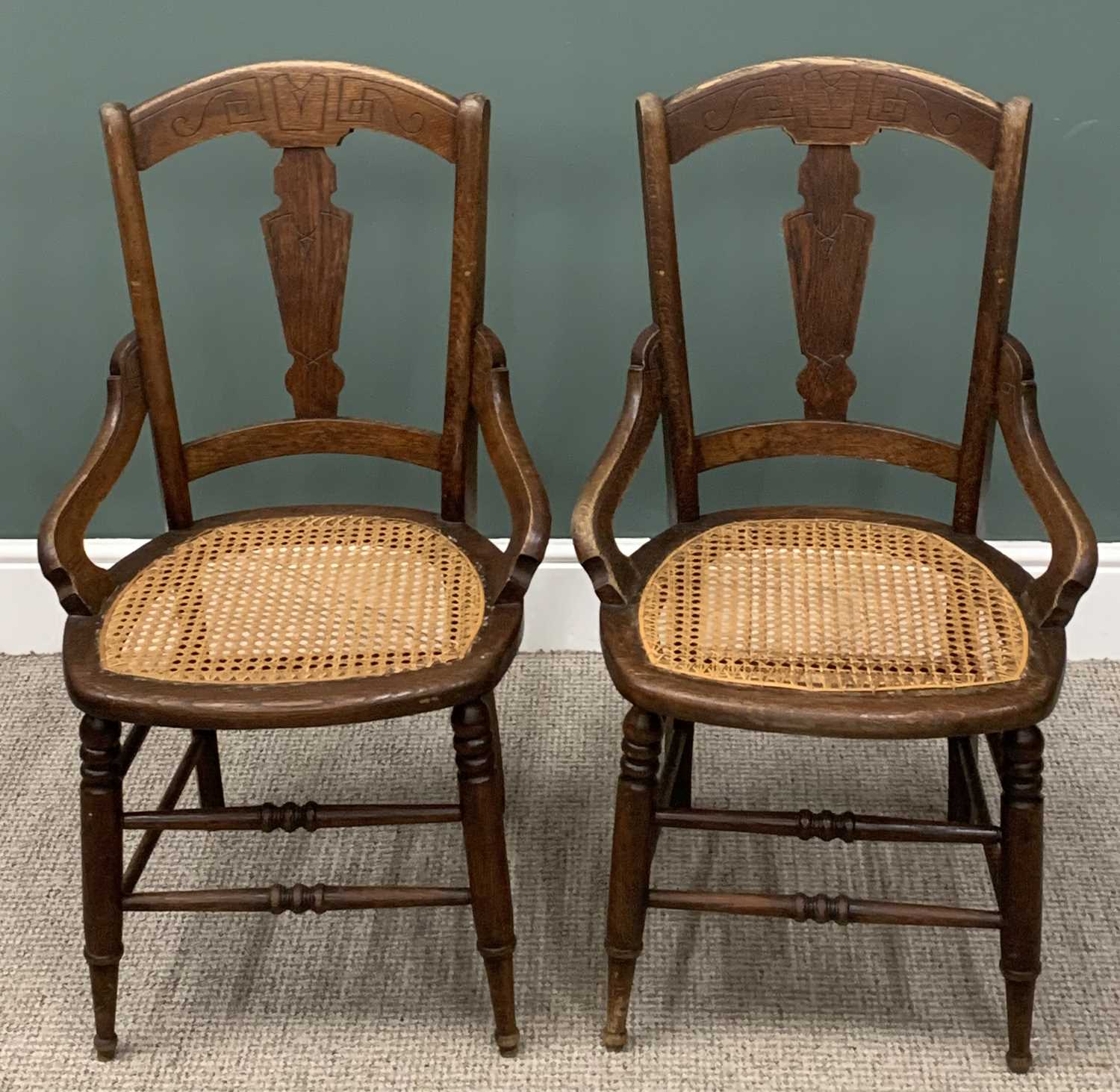 REPRODUCTION BENTWOOD SETTEE & FOUR VINTAGE OAK SIDE CHAIRS, X frame back, rounded end, canework - Image 3 of 9