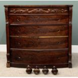 VICTORIAN MAHOGANY BOW FRONT CHEST, four long oak lined drawers, turned wooden knobs, carved upper
