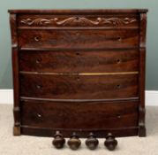 VICTORIAN MAHOGANY BOW FRONT CHEST, four long oak lined drawers, turned wooden knobs, carved upper