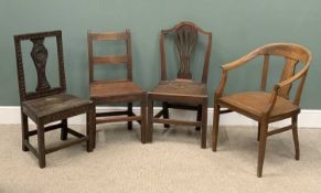 FOUR COUNTRY CHAIRS comprising three various farmhouse types and a vintage tub type chair