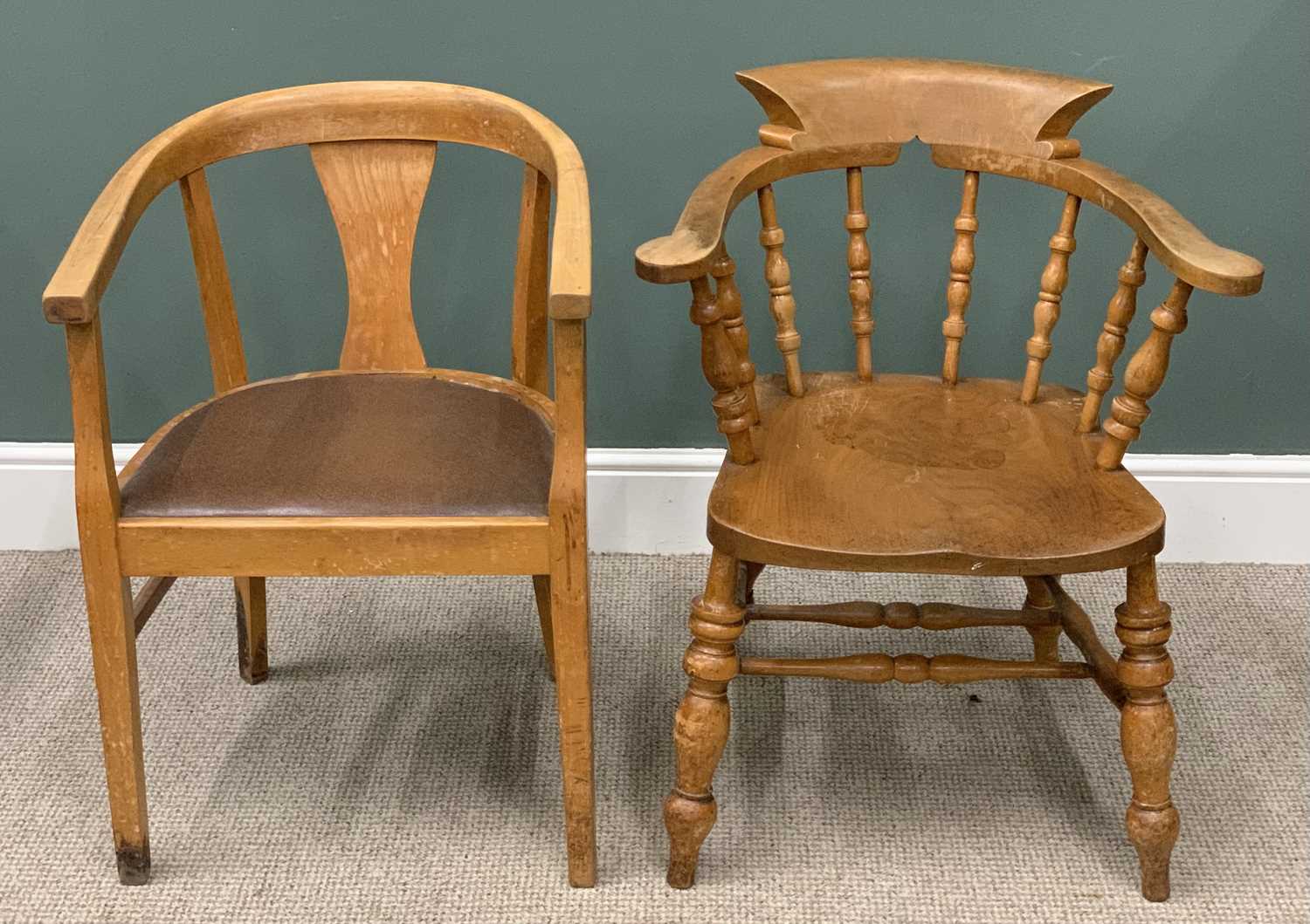 VINTAGE SMOKER'S BOW ARMCHAIR & ANOTHER the first with curved back, shaped crest rail, swept arms, - Image 5 of 5