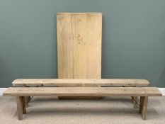 FARMHOUSE PINE REFECTORY TABLETOP, 166 x 84cms and two rustic timber benches, 47 x 245cms (