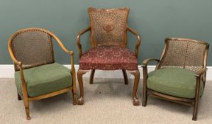 THREE VARIOUS CANE BACK CHAIRS including elbow chair with red upholstered seat, 89 (h) x 63 (w) x