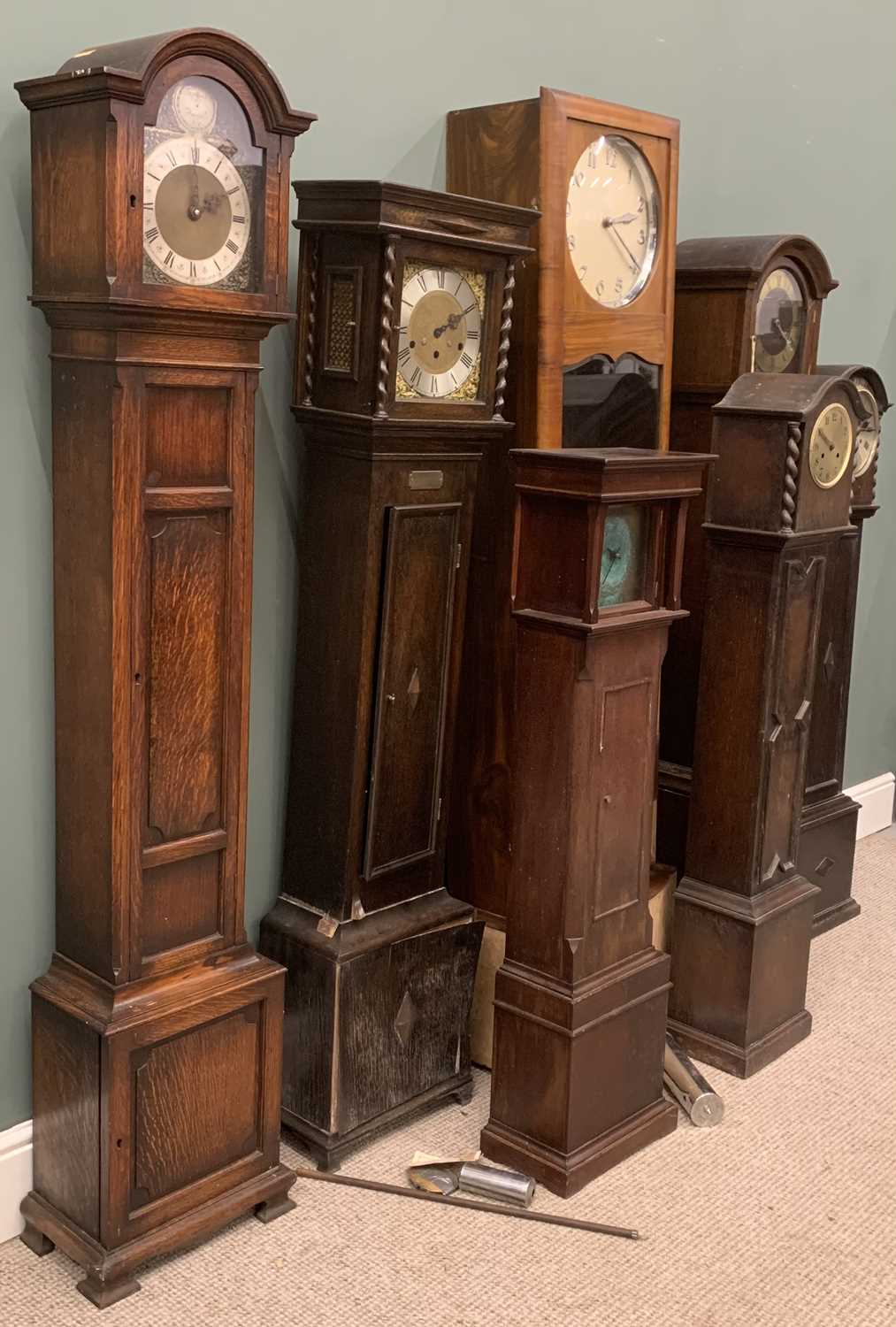 SEVEN VINTAGE GRANDMOTHER CLOCKS, various styles, dials and movements, requiring restoration, 180 ( - Image 8 of 10