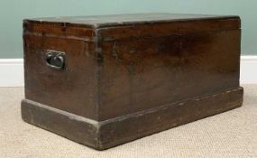 STAINED BELIEVED TEAK CAPTAIN'S CHEST, lidded top, iron side carry handles, plinth base, visible