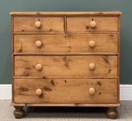 VICTORIAN STRIPPED PINE CHEST, two short, three long drawers, turned wooden knobs, turned bun