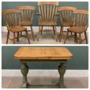 VINTAGE OAK DRAW LEAF DINING TABLE & FIVE (4+1) FARMHOUSE DINING CHAIRS, stripped back table top,
