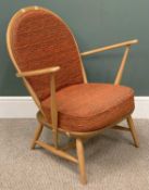 ERCOL BEECH HOOP & SPINDLE BACK EASY CHAIR, with cushions, 83 (h) x 70 (w) x 48cms (d)