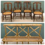REPRODUCTION BENTWOOD SETTEE & FOUR VINTAGE OAK SIDE CHAIRS, X frame back, rounded end, canework