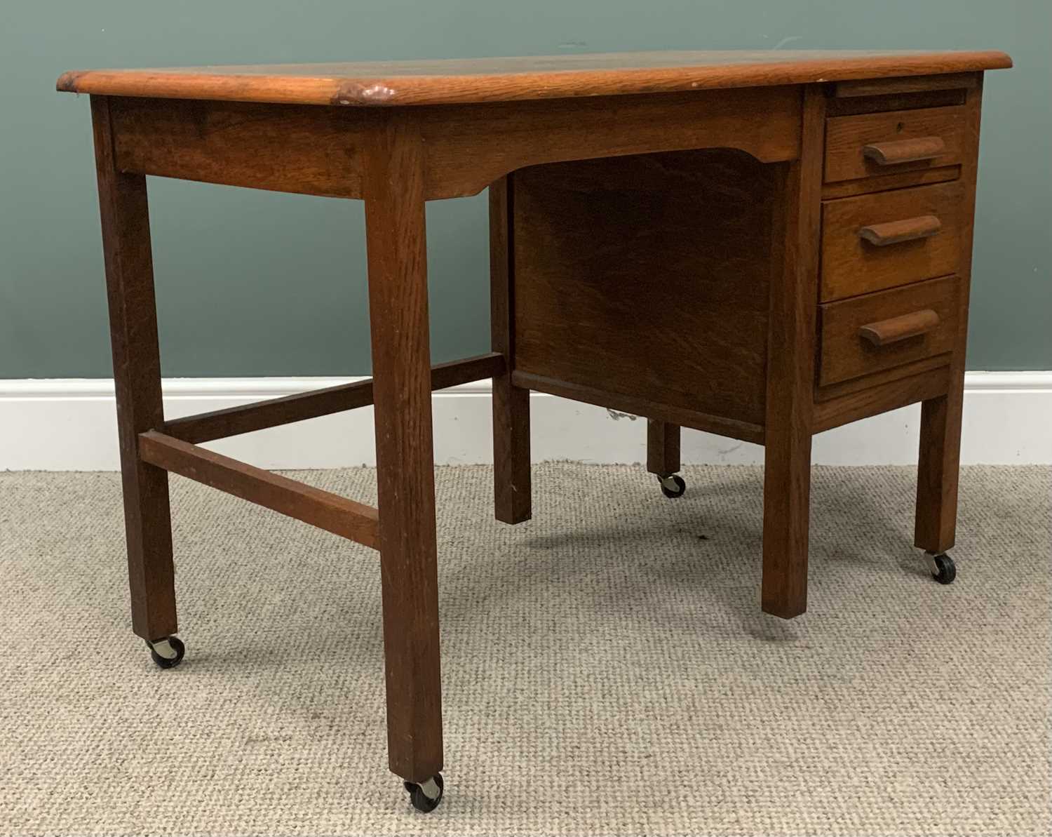 VINTAGE OAK DESK & CHAIR, upper slide, three opening drawers, open end square upright, modern - Image 5 of 6