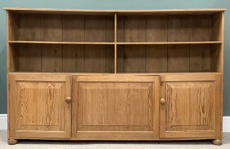 VINTAGE PITCH PINE SCHOOLHOUSE BOOKCASE-CUPBOARD, four divided upper shelves, central lower panel,