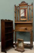 TWO ITEMS VINTAGE OAK FURNITURE & A SMALL MAHOGANY SWING TOILET DRESSING MIRROR, mirrored oak hall